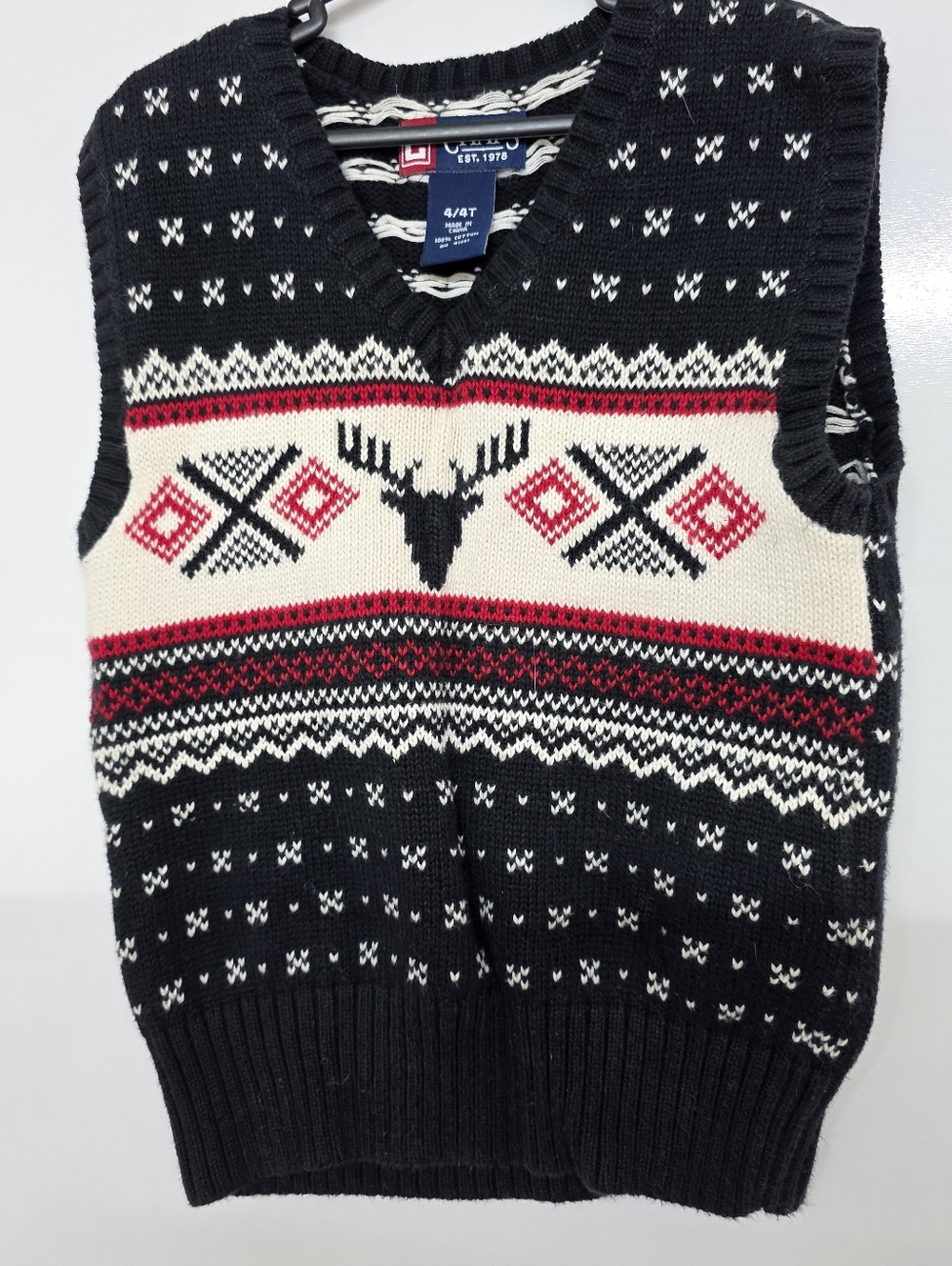 Chaps Toddlers Black Red And White Graphic Reindeer Knit Sweater Vest Size 4T